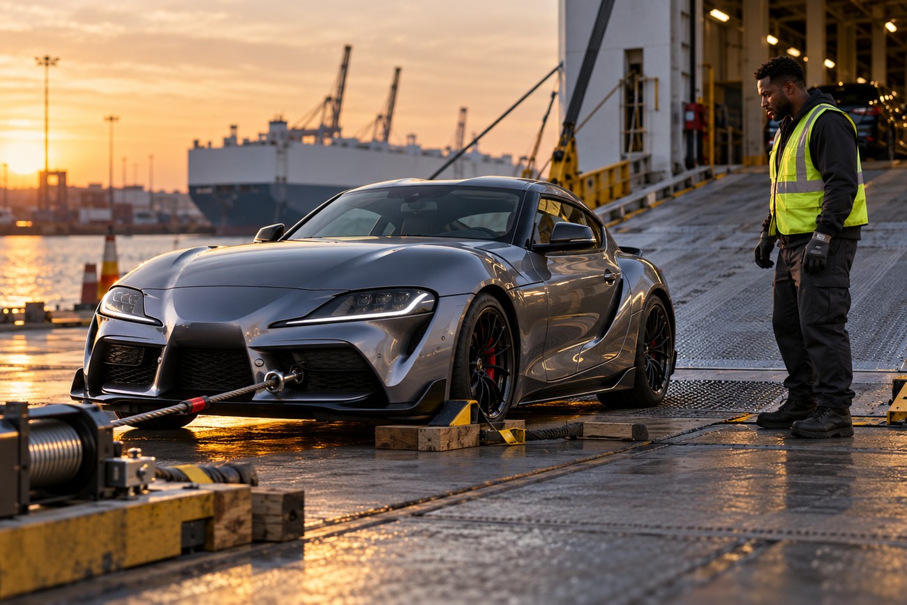 Port worker in high-visibility vest standing near a grey Toyota Supra being loaded onto a cargo ship