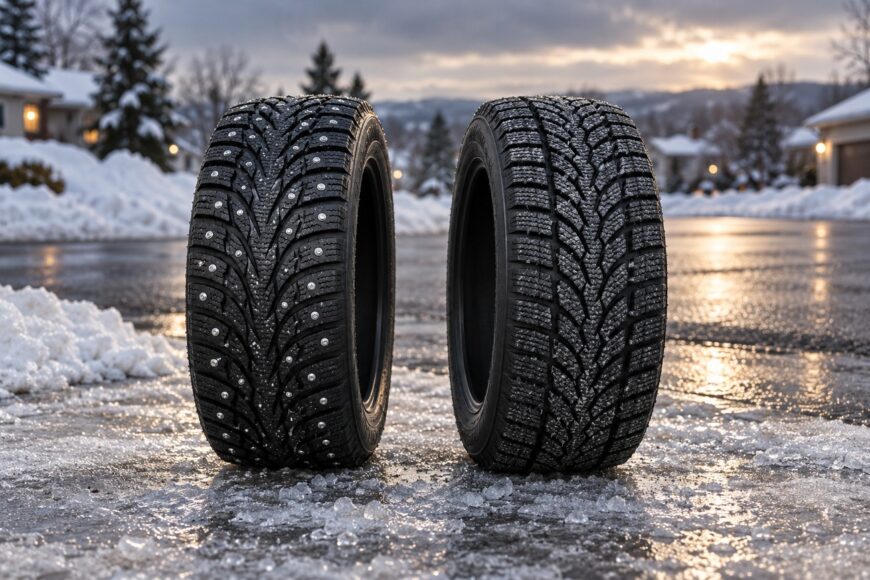 Two winter tires standing upright on an icy road with snowbanks and houses in the background, showing a studded tire on the left and a studless tire on the right
