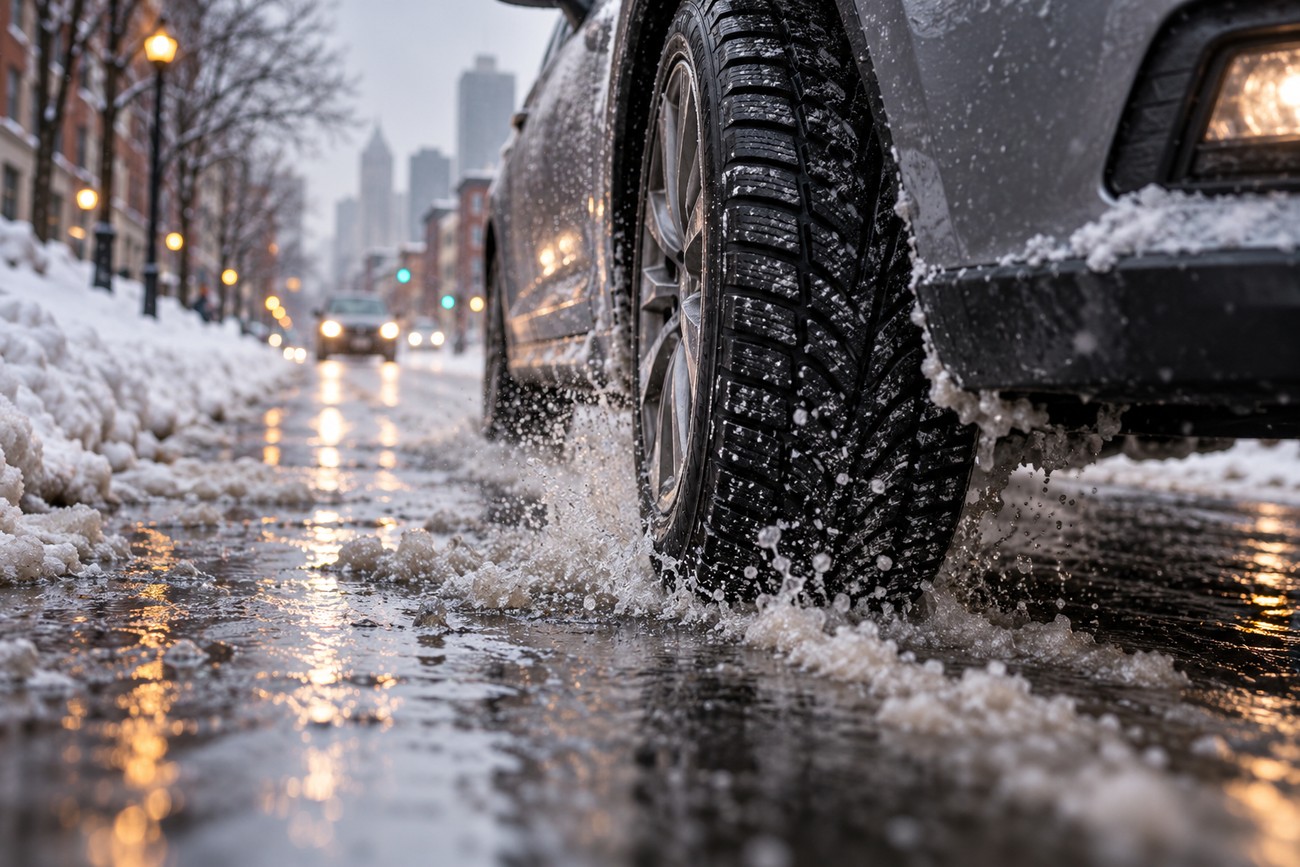 Close-up of a car winter tire driving through slush and melting snow on a city street