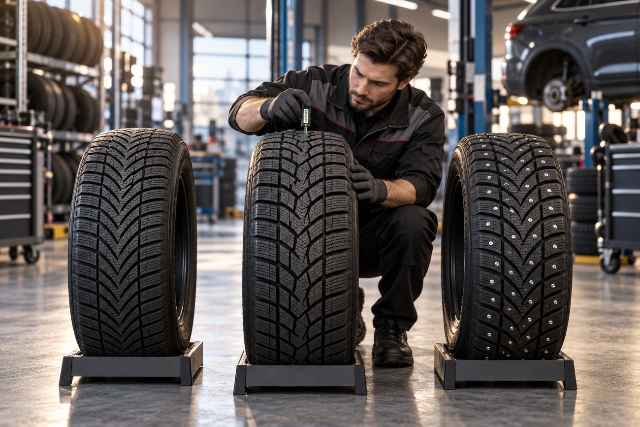 A mechanic wearing gloves measures the tread depth of a winter tire standing between other tires in a repair shop