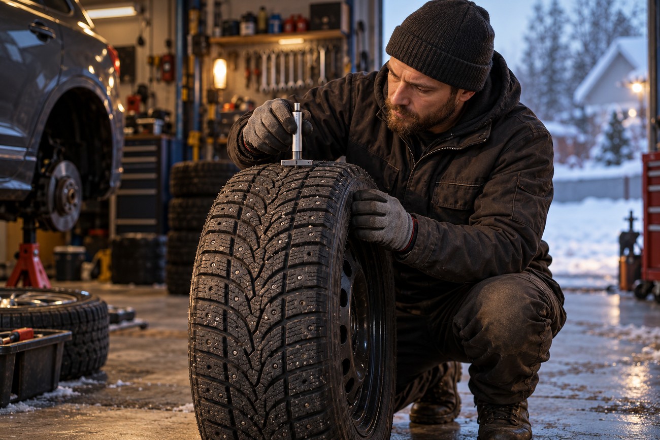 A mechanic in a garage uses a gauge to measure the tread depth of a studded winter tire