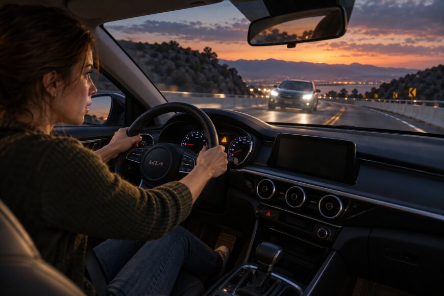 A focused woman driving a Kia Forte while encountering a wrong-way car approaching with headlights on during sunset