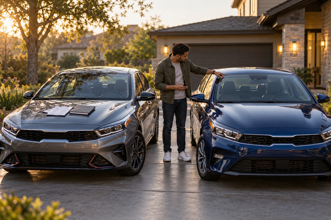 A man standing between two Kia Forte sedans in a driveway and pointing at the windshield