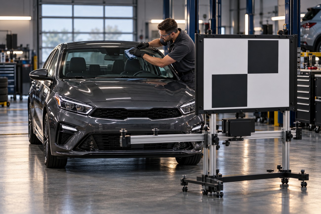 Mechanic calibrating safety camera and sensors on a gray Kia Forte in a repair shop