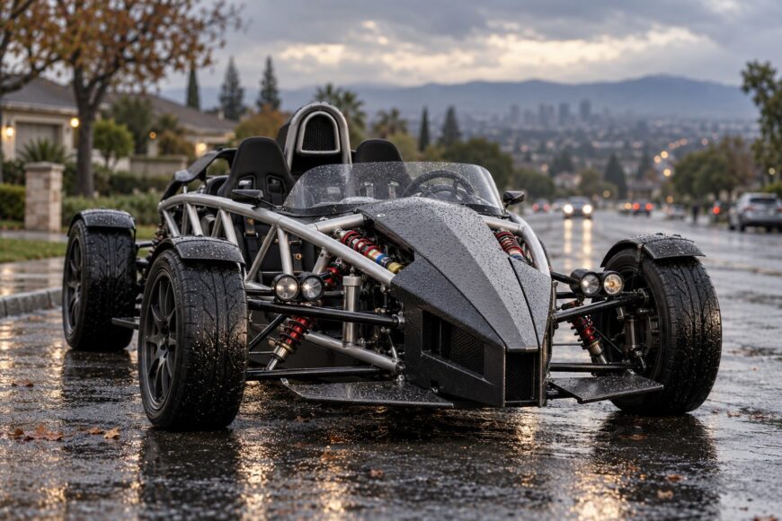An Ariel Atom sports car with an exposed tubular frame parked on a wet asphalt road during a rainy day