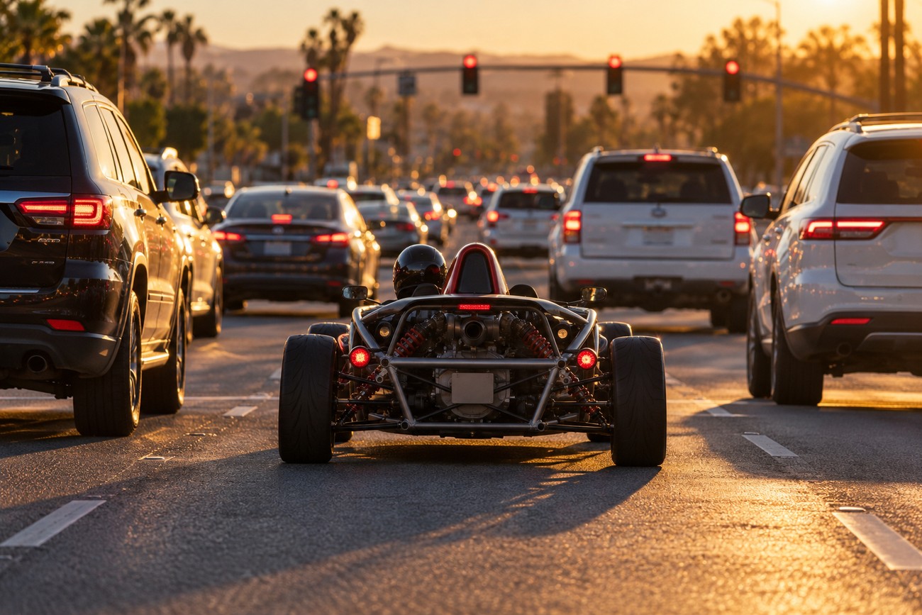 Rear view of an Ariel Atom driving on a busy city street surrounded by regular SUVs during sunset