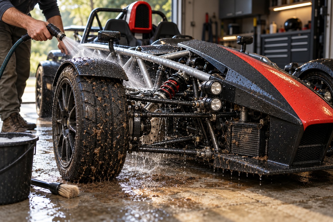 A person washes mud off the exposed front suspension and wheel of an Ariel Atom sports car with a water hose in a garage