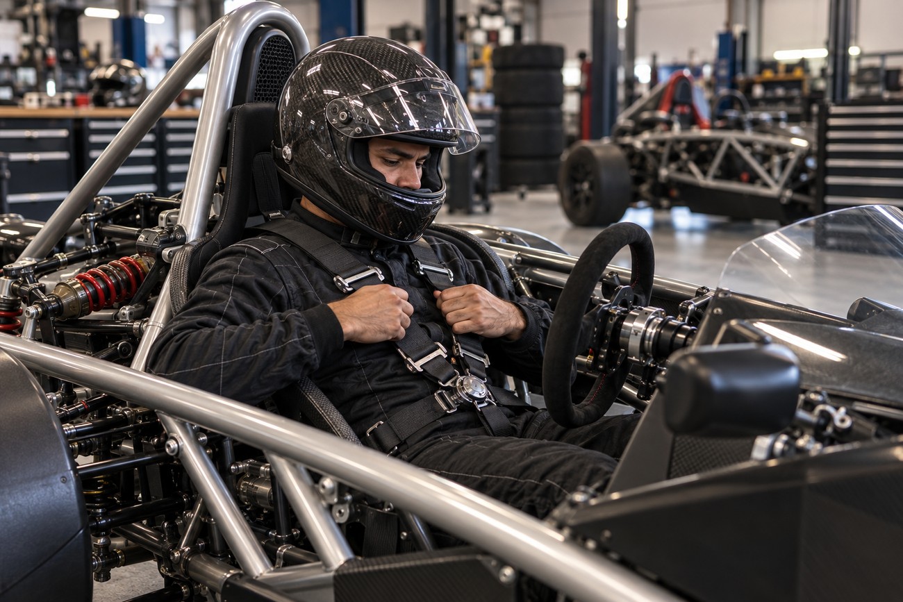 Driver wearing a carbon fiber helmet sits inside the exposed tubular chassis of an Ariel Atom fastening his racing harness