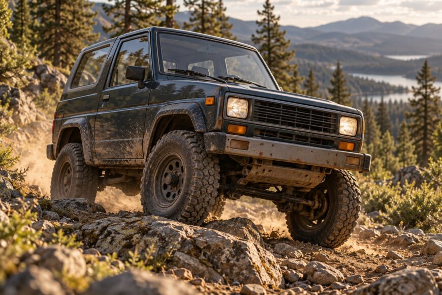 A dark green Daihatsu Rocky compact 4x4 driving over a rocky mountain trail with pine trees