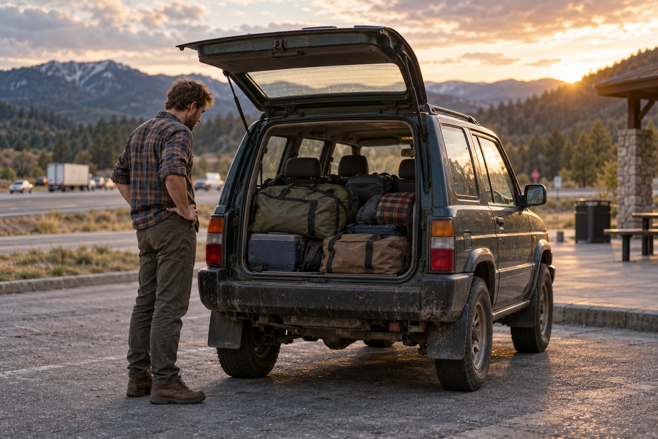 A man standing behind a packed dark green Daihatsu Rocky compact 4x4 SUV with its trunk open at sunset