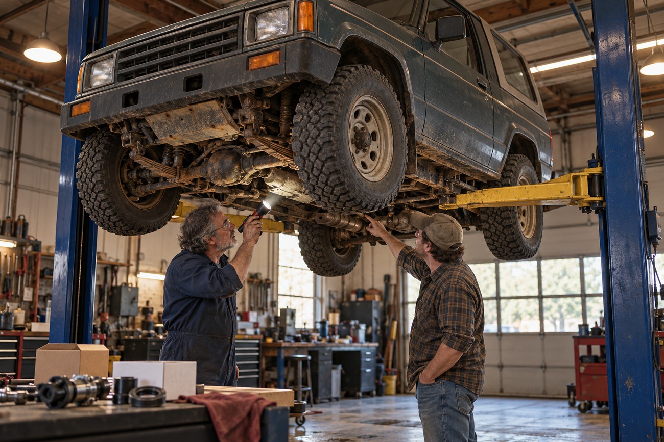 Two mechanics in a repair shop examining the undercarriage of a raised Daihatsu Rocky 4x4 with a flashlight