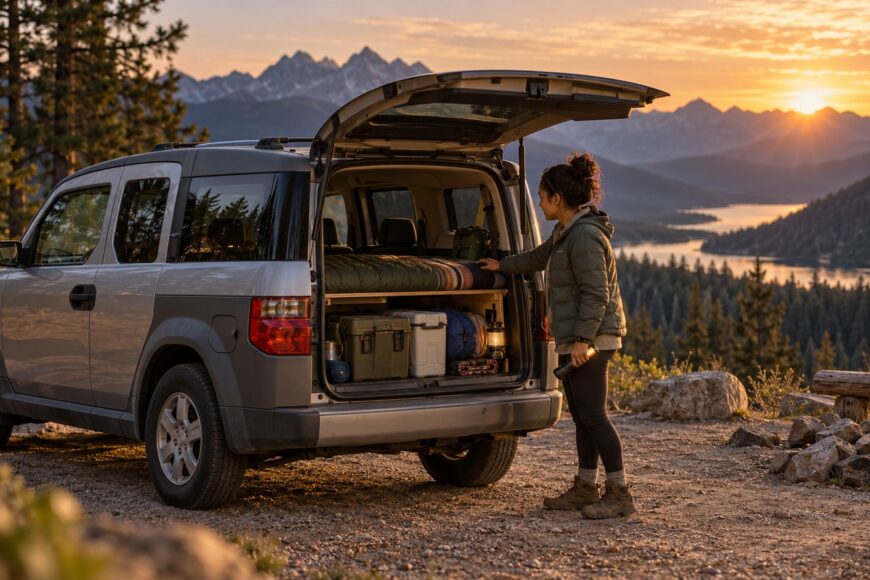 A woman stands by the open tailgate of a silver Honda Element packed with camping gear overlooking mountains at sunset