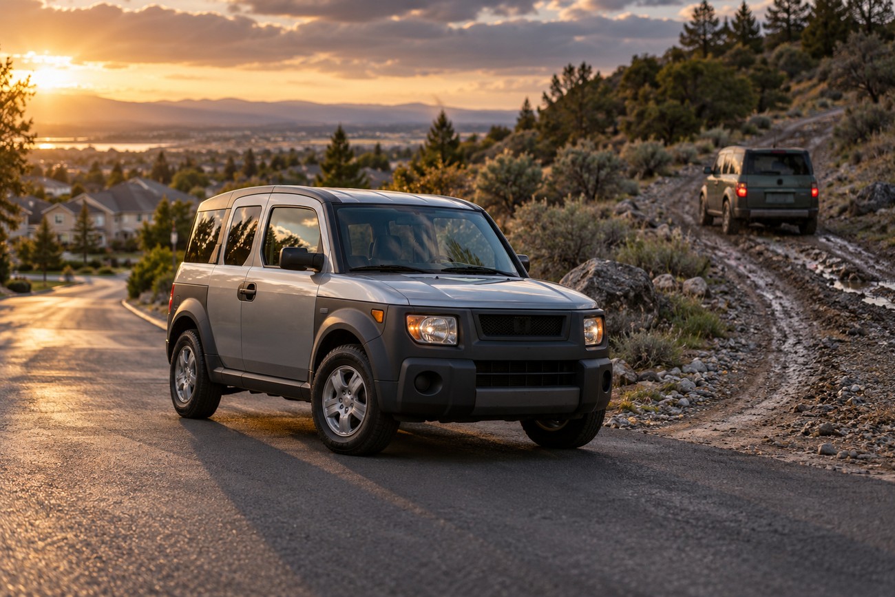 A silver Honda Element parked on a scenic asphalt road during sunset with rolling hills in the background