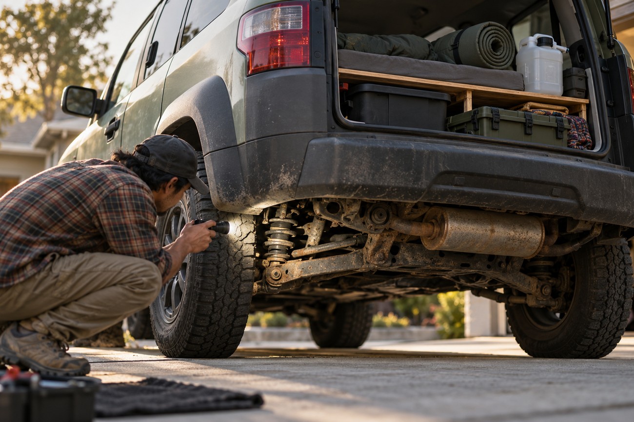 A camper in a plaid shirt inspects the rear tire and suspension of a green Honda Element with camping gear loaded inside