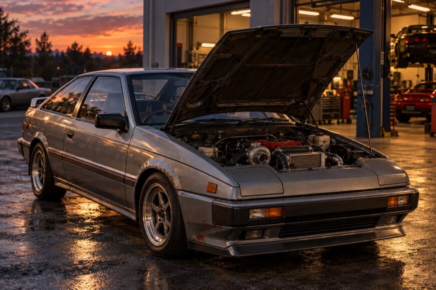 Silver Isuzu Impulse RS coupe parked outside an auto repair shop at sunset with the hood open displaying its turbocharged engine