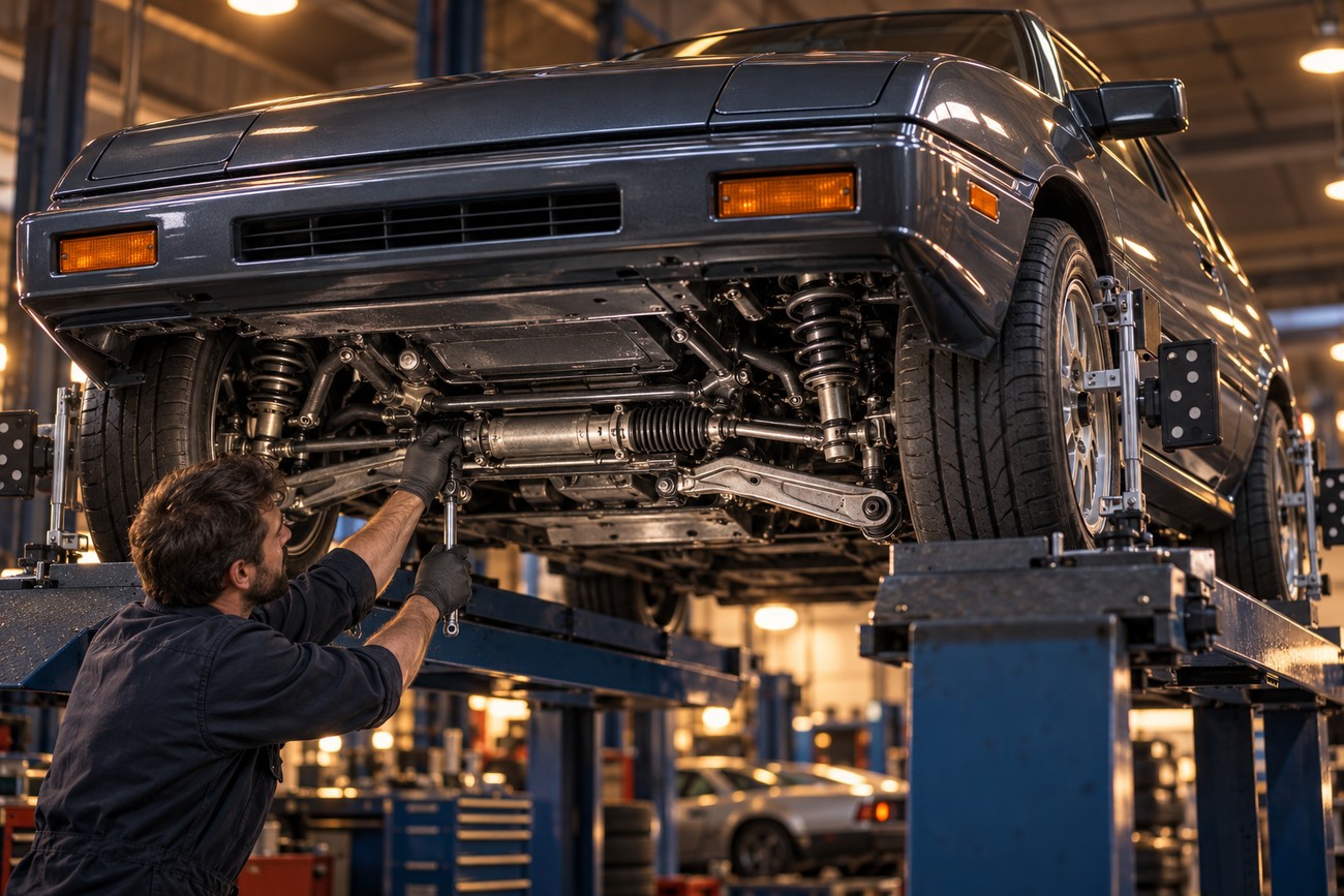 A mechanic in gloves adjusting the front suspension and steering rack of a dark Isuzu Impulse RS coupe on a lift in an auto repair shop