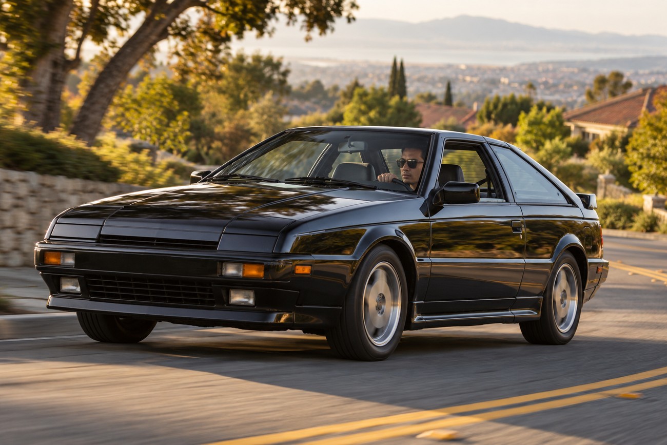 A black Isuzu Impulse RS coupe driving down a scenic road with a male driver wearing sunglasses