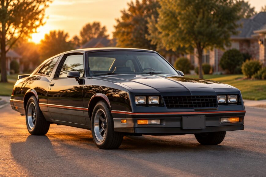 Black Chevrolet Monte Carlo Aerocoupe parked on a suburban street during sunset with visible bubble rear window