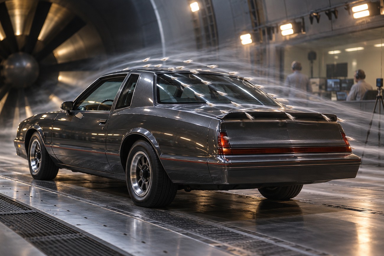Dark gray Chevrolet Monte Carlo Aerocoupe undergoing aerodynamic testing with airflow tufts in a wind tunnel