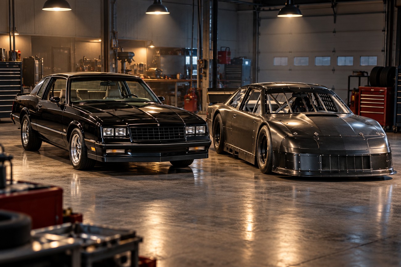 A black Chevrolet Monte Carlo Aerocoupe and a black NASCAR race car parked side by side in a garage workshop