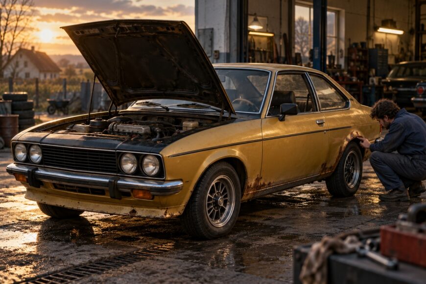 A mechanic squatting beside a rusty yellow Opel Manta GTE with an open hood inside a dimly lit garage at sunset