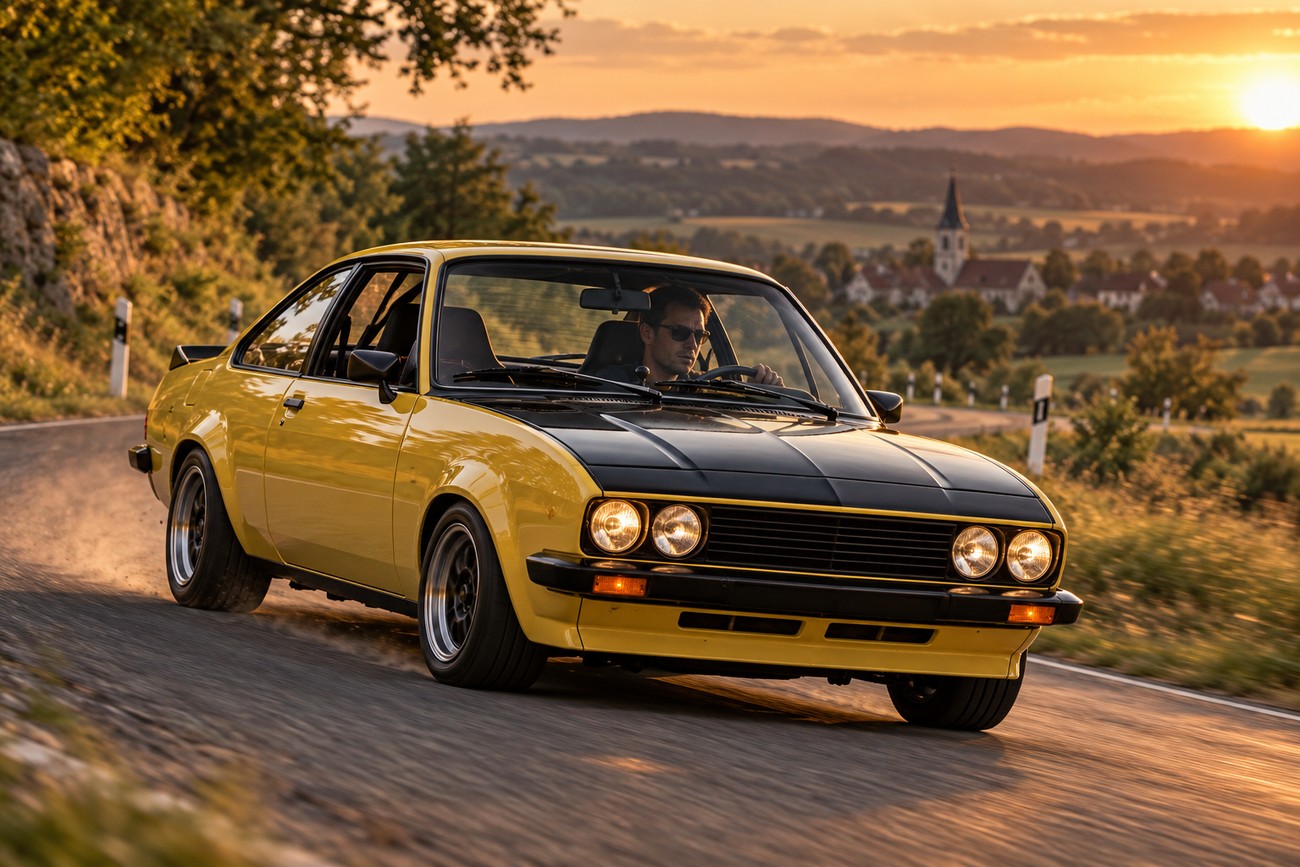 A man driving a classic yellow Opel Manta GTE with a black hood on a winding road at sunset