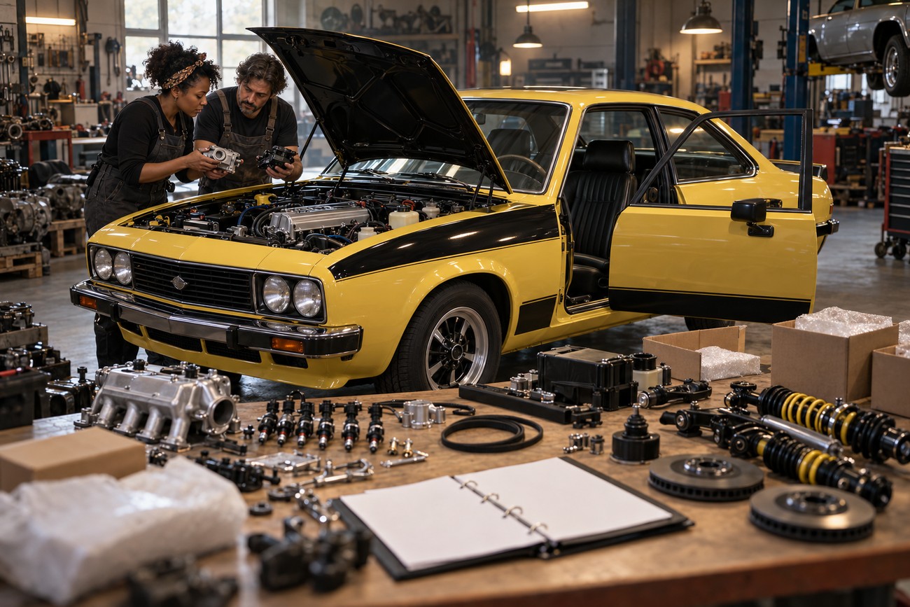 Two mechanics examining engine parts in front of a yellow classic Opel Manta GTE with an open hood inside a workshop
