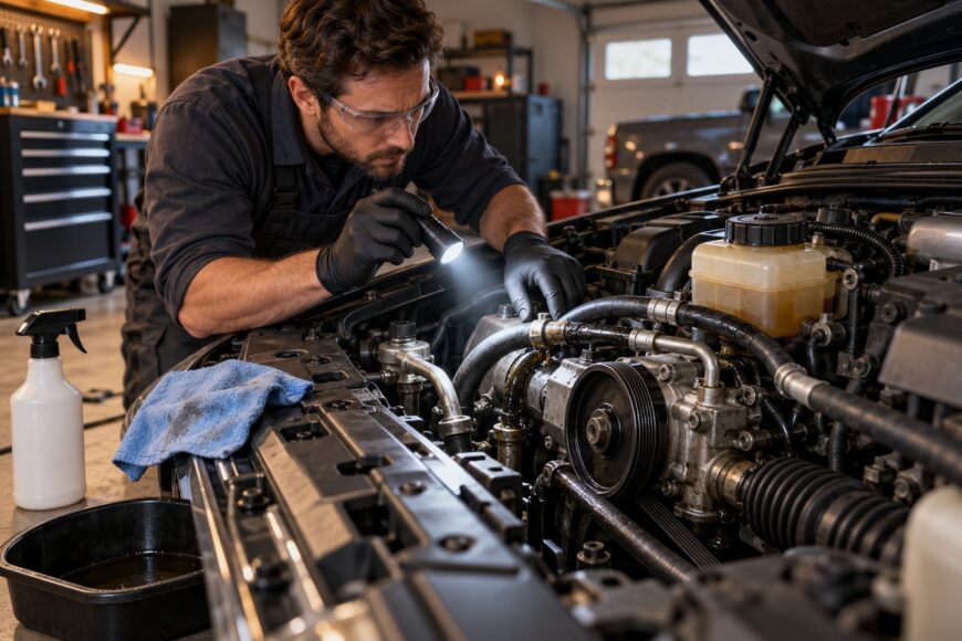 Mechanic wearing safety glasses and black gloves uses a flashlight to inspect a leaking power steering hose in a car engine bay