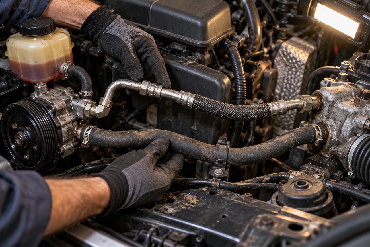 A mechanic wearing work gloves inspects the power steering hose and pump inside a vehicle engine bay