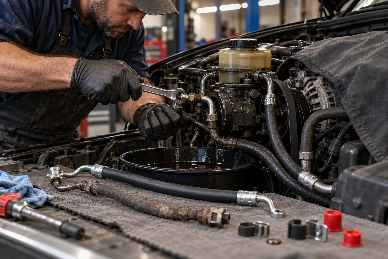 Mechanic in black gloves using a wrench to repair a power steering hose in a car engine bay