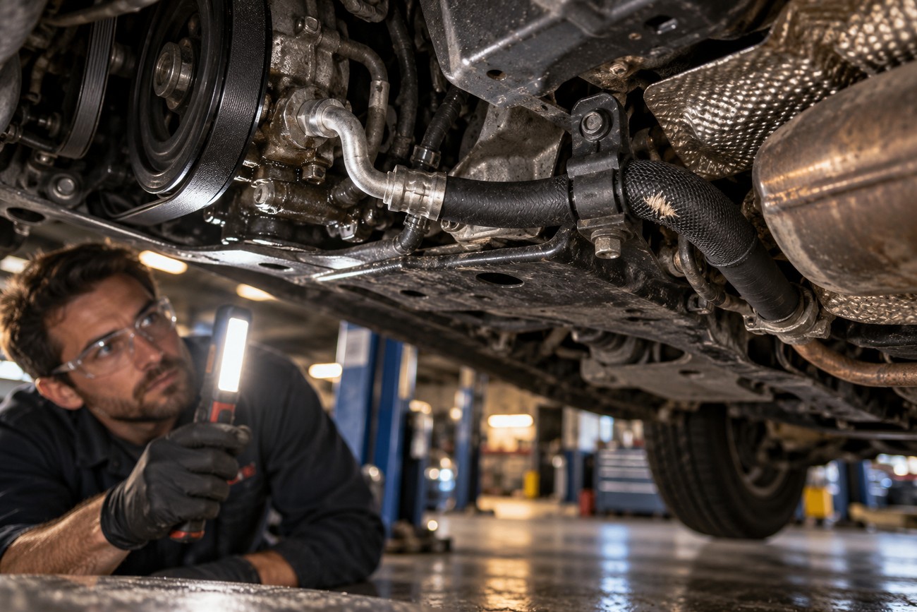 Mechanic wearing safety glasses and gloves uses a handheld work light to inspect a power steering hose underneath a lifted car