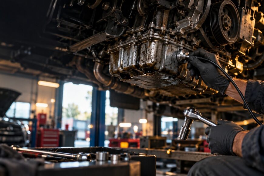 Mechanic wearing black gloves using an automotive stethoscope to listen to the engine oil pan of a lifted car in a repair shop