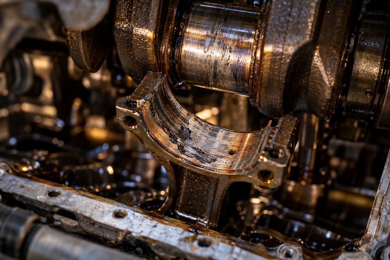 Damaged connecting rod bearing and scored crankshaft journal inside a disassembled car engine