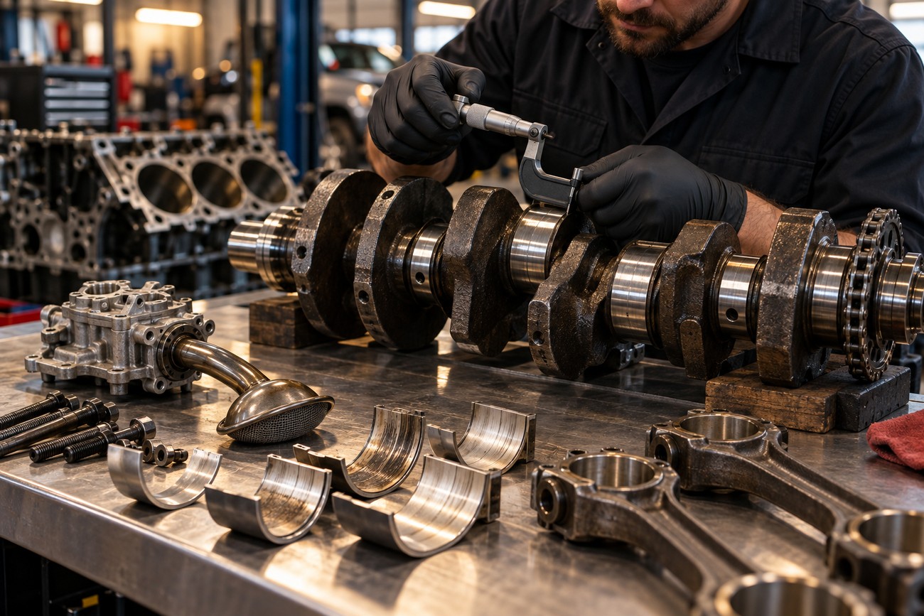 Mechanic wearing black gloves measuring an engine crankshaft journal with a micrometer on a workbench with worn rod bearings