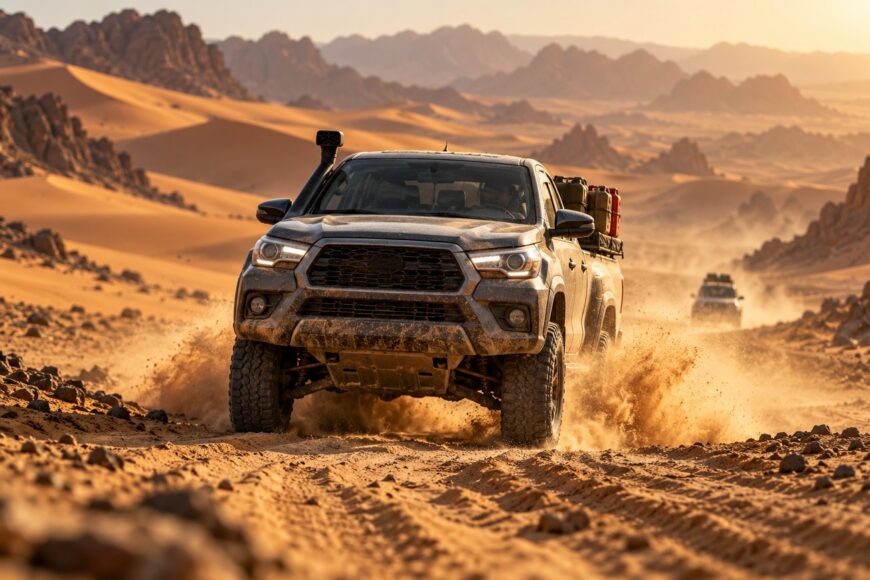 A rugged Toyota Hilux driving fast through a dusty desert landscape on the Dakar route