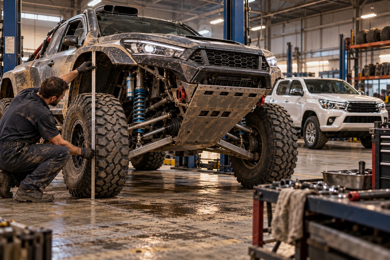 A mechanic in overalls measuring the suspension and large off-road tire of a muddy Toyota Hilux rally truck inside a repair garage