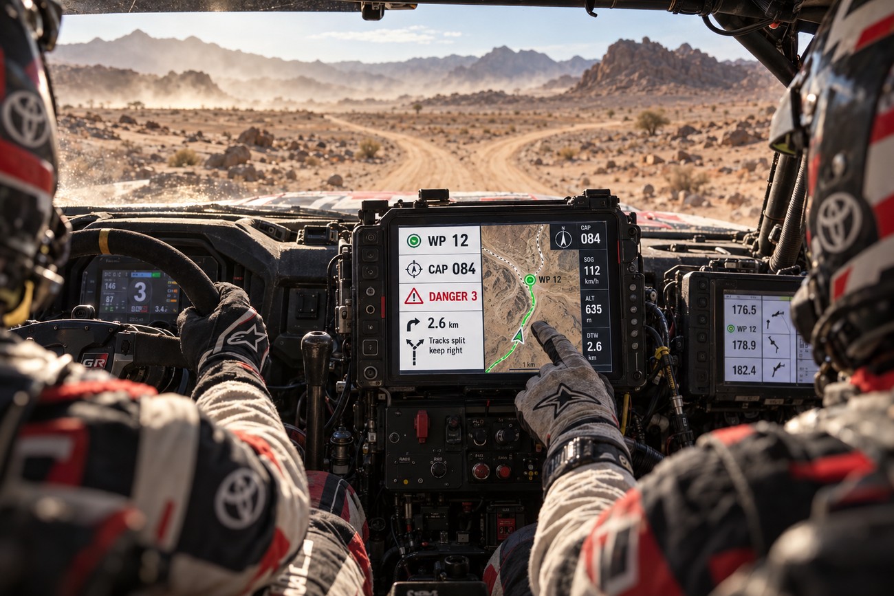 Driver and co-driver inside a Toyota Hilux cockpit navigating a desert route during the Dakar rally