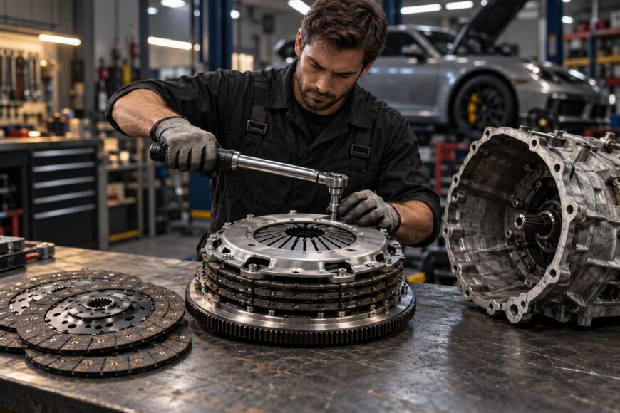 Mechanic wearing gloves using a torque wrench to assemble a high-performance clutch on a workbench in a garage