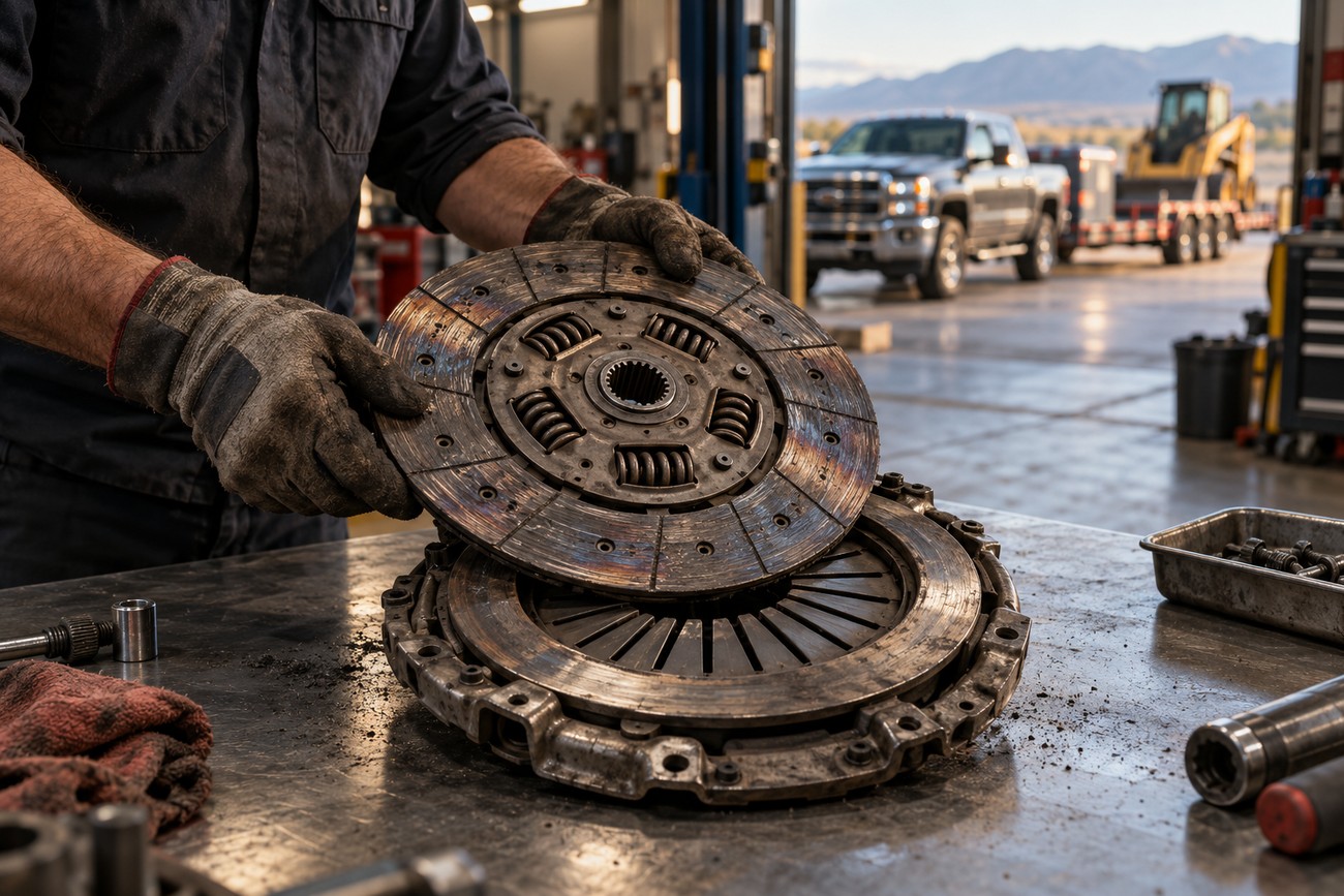 Mechanic wearing work gloves holding a worn clutch disc over a pressure plate on a workbench in a repair shop