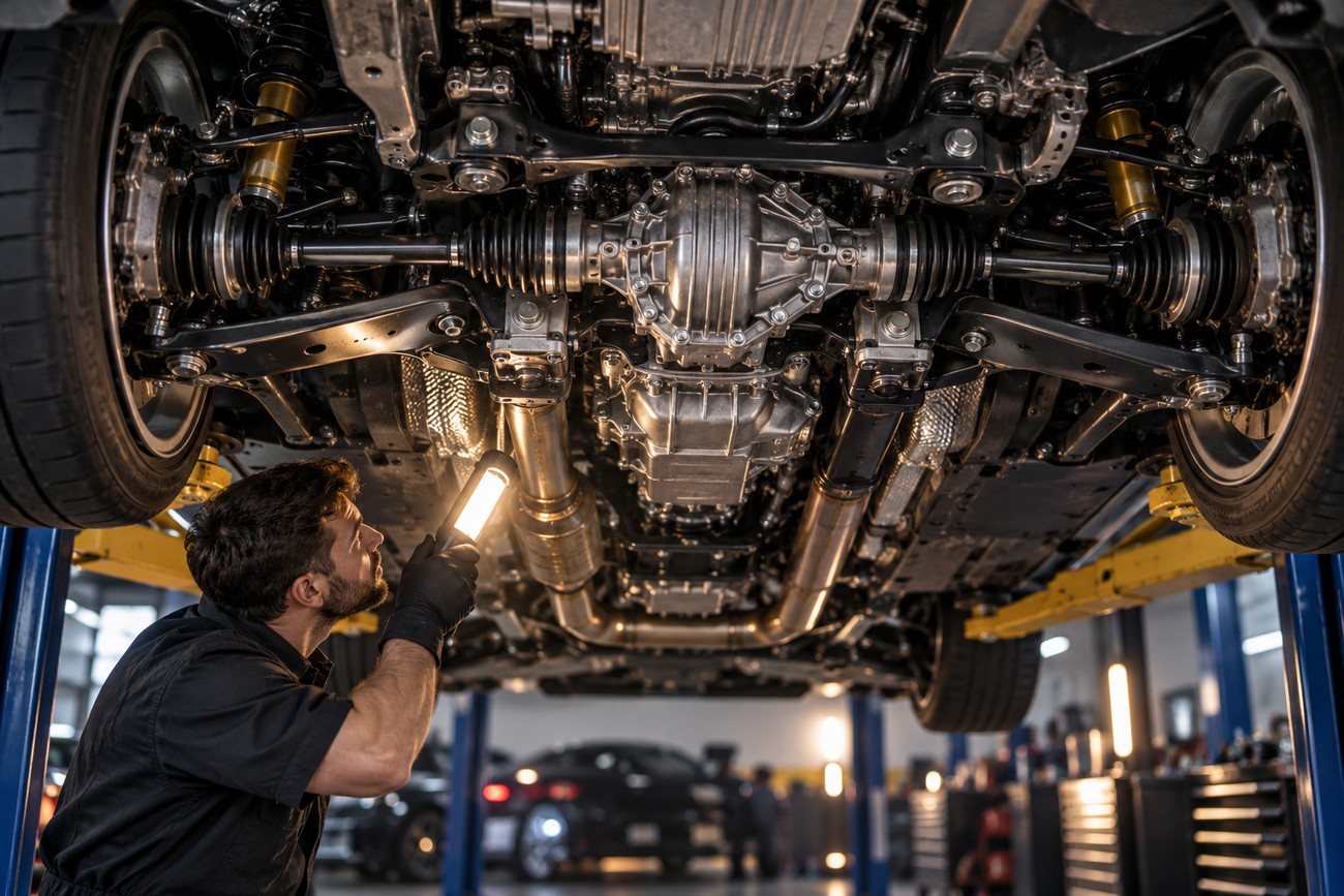 A mechanic in black gloves holding a work light inspecting the undercarriage of a car on a lift