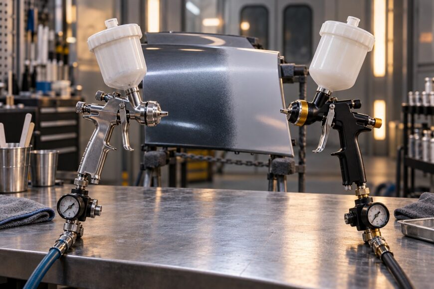 Anest Iwata LPH-80 and DeVilbiss DV1 Mini detail spray guns standing on a metal workbench with a painted car panel in the background