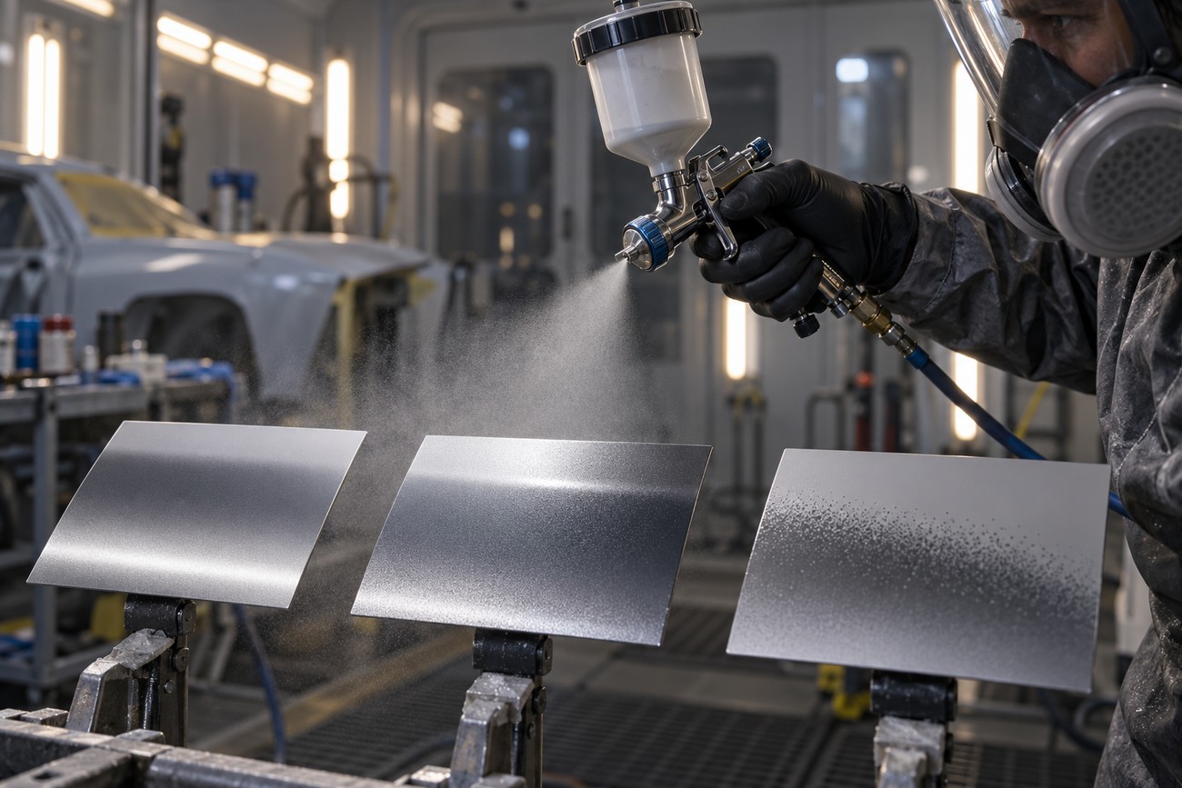 A technician wearing protective gear sprays a test panel with a detail spray gun inside a professional paint booth