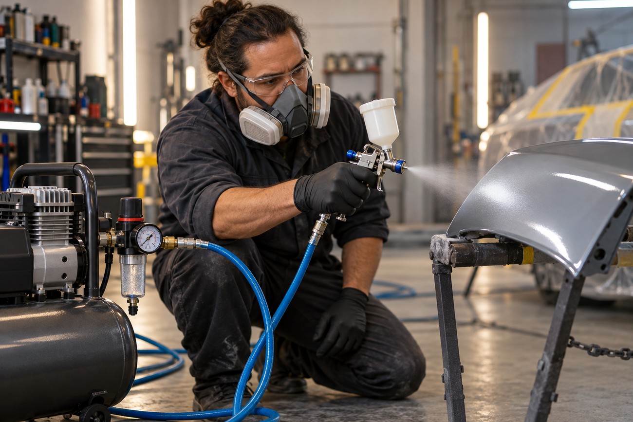 A technician wearing safety goggles and a respirator mask sprays a car part with a mini detail gun connected to an air compressor