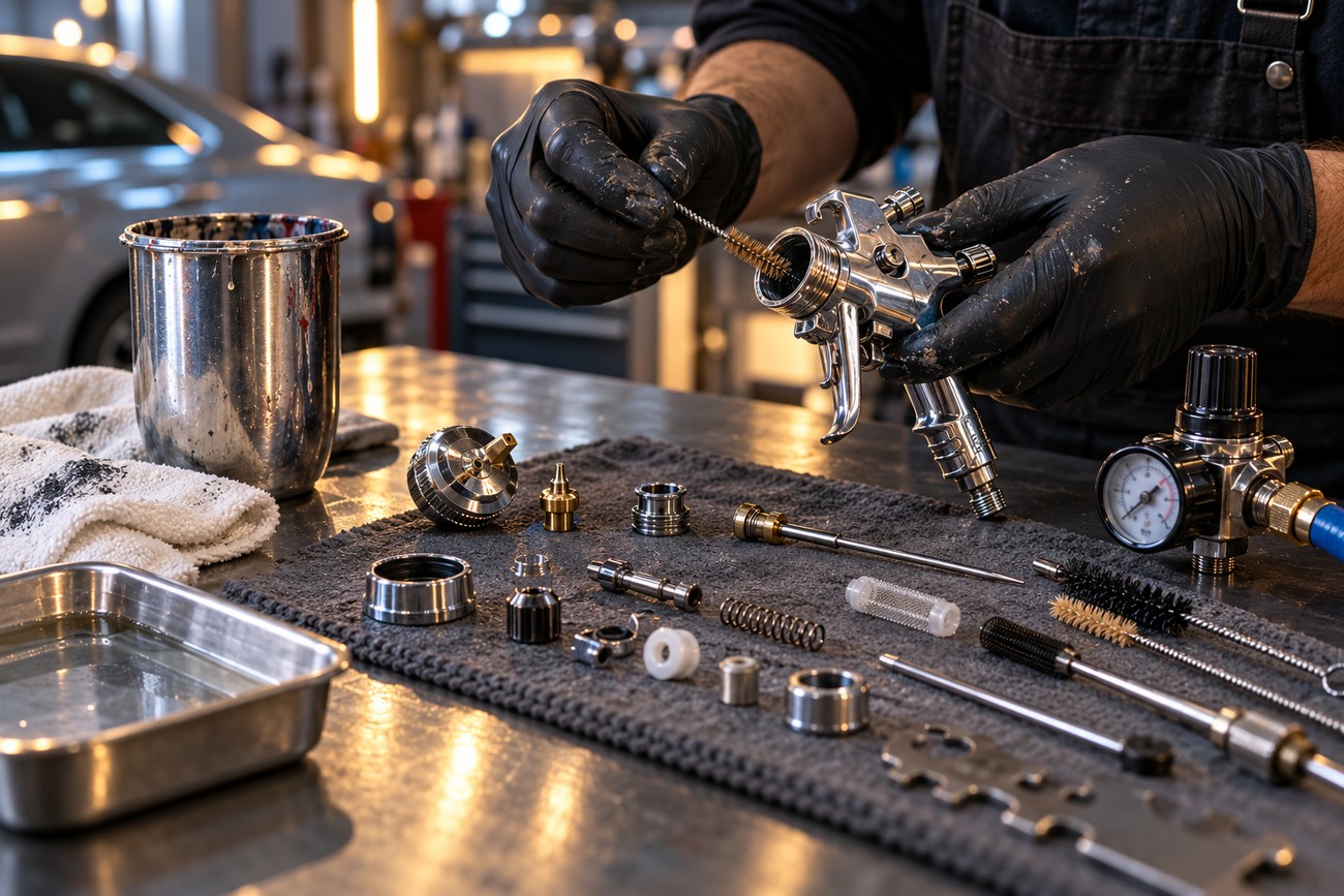 A mechanic in black gloves cleans a disassembled detail spray gun with a small brush on a workbench with parts and cleaning tools