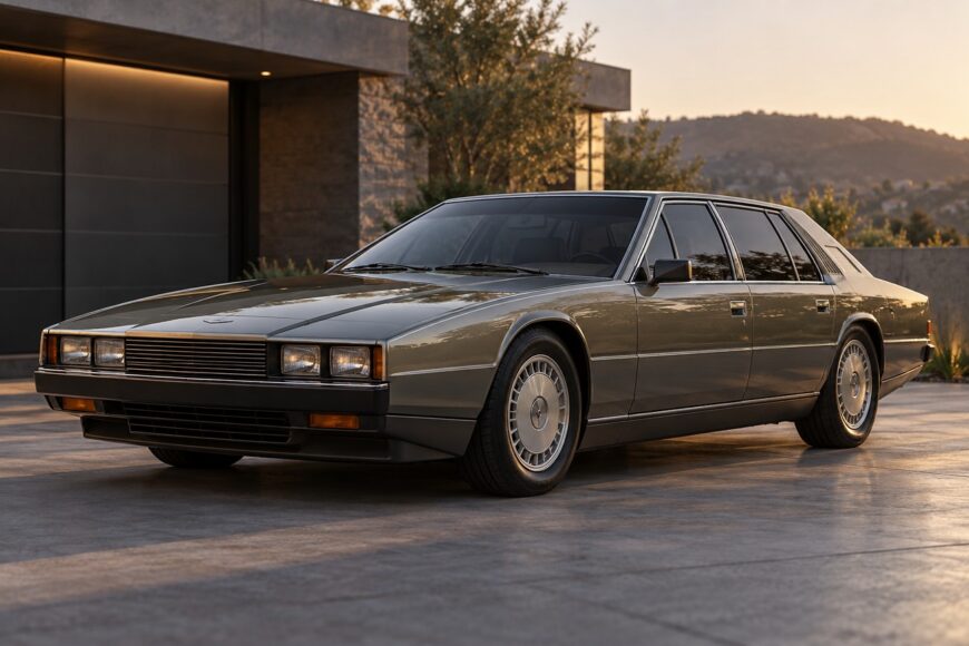Classic grey Aston Martin Lagonda wedge sedan parked on a concrete driveway outside a modern house at sunset