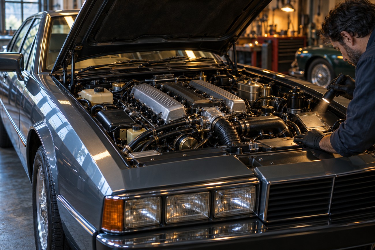 A mechanic inspecting the engine bay of a classic grey Aston Martin Lagonda with a flashlight in a garage