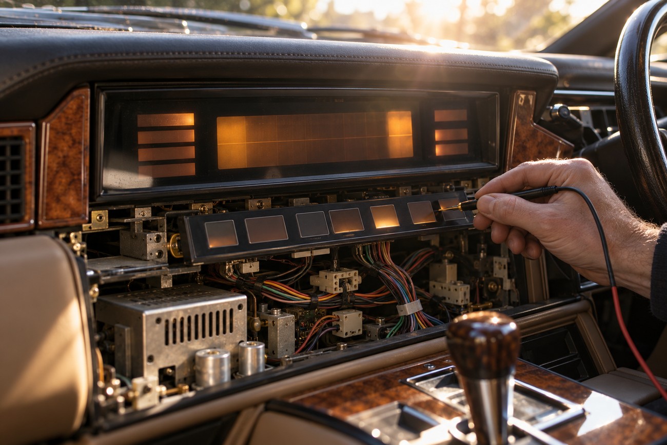 A mechanic testing the illuminated digital instrument cluster and exposed wiring inside an Aston Martin Lagonda