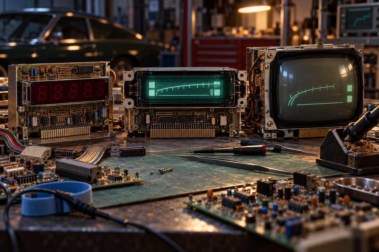 Vintage electronic prototype modules and digital display screens for a car dashboard on a cluttered workshop workbench