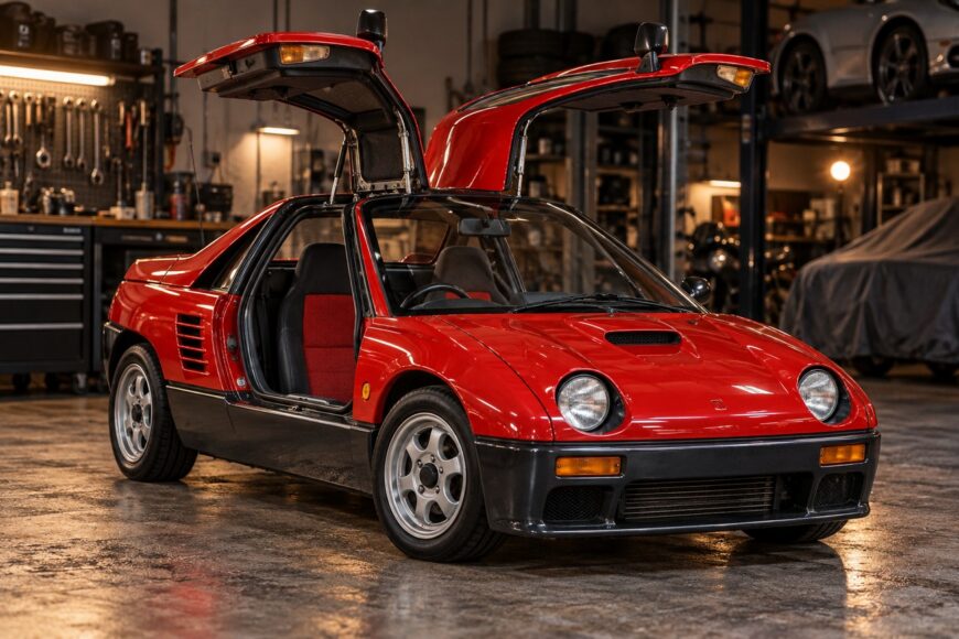 Bright red Autozam AZ-1 kei sports car parked in a garage with its distinctive gullwing doors fully open