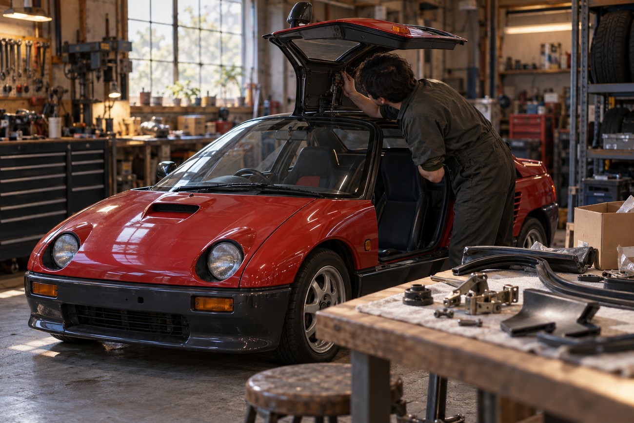 A mechanic adjusting the gullwing door of a red Autozam AZ-1 sports car inside a cluttered workshop